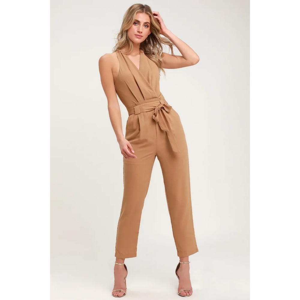 Lulus In the City Tan Surplice Sleeveless Jumpsuit